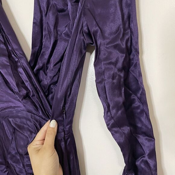 NEW! Mango MNG Purple vneck plunge open back Satin wrapped slit maxi dress US 4 - Picture 6 of 12